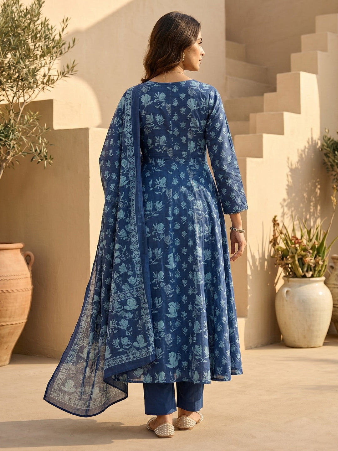 Blue Embroidered Cotton Blend Round Neck Straight Kurta With Pant