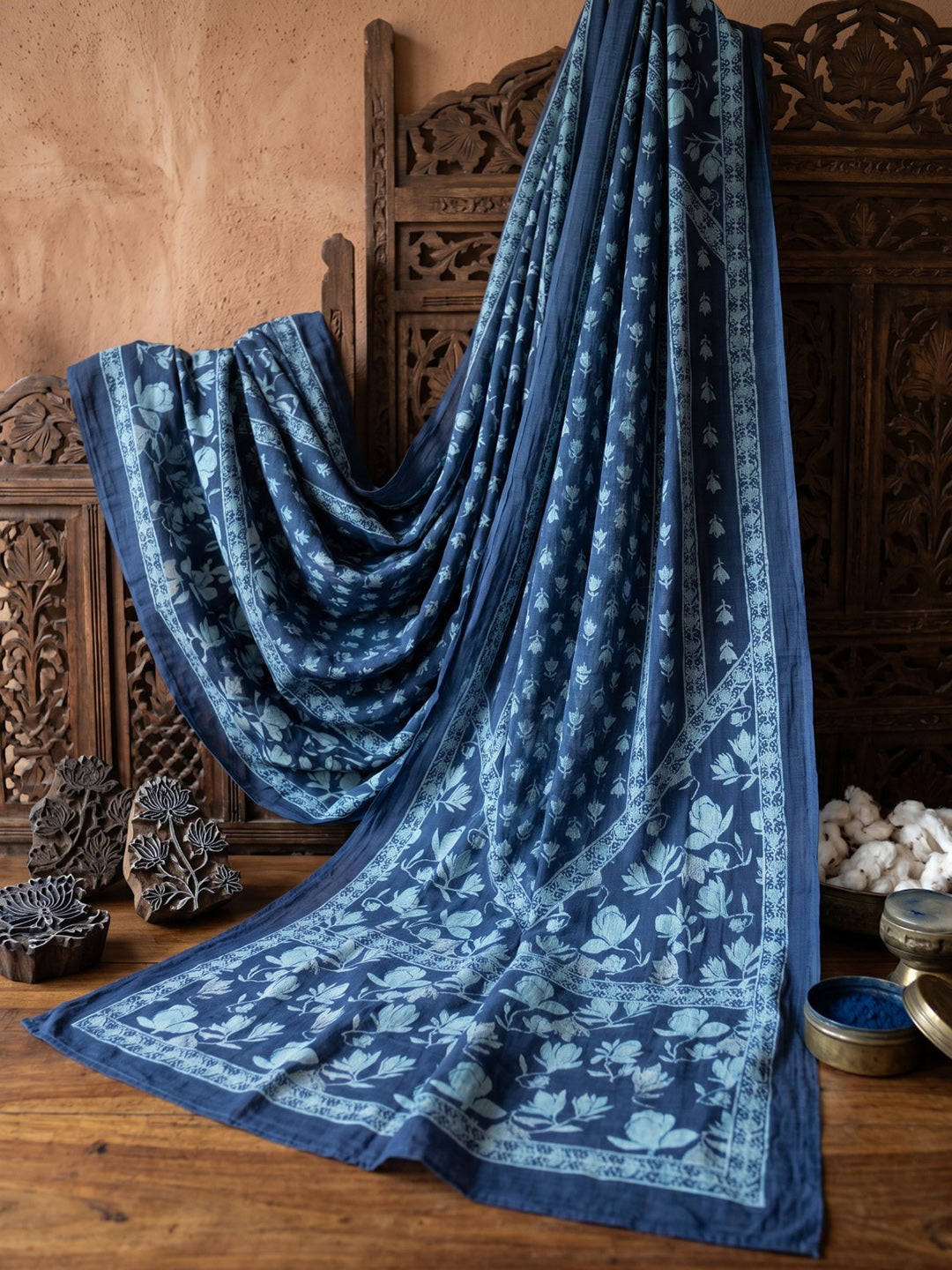 Blue Embroidered Cotton Blend Round Neck Straight Kurta With Pant