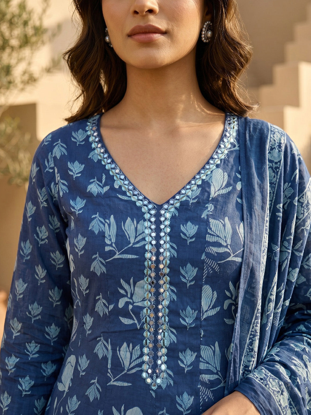 Blue Embroidered Cotton Blend Round Neck Straight Kurta With Pant