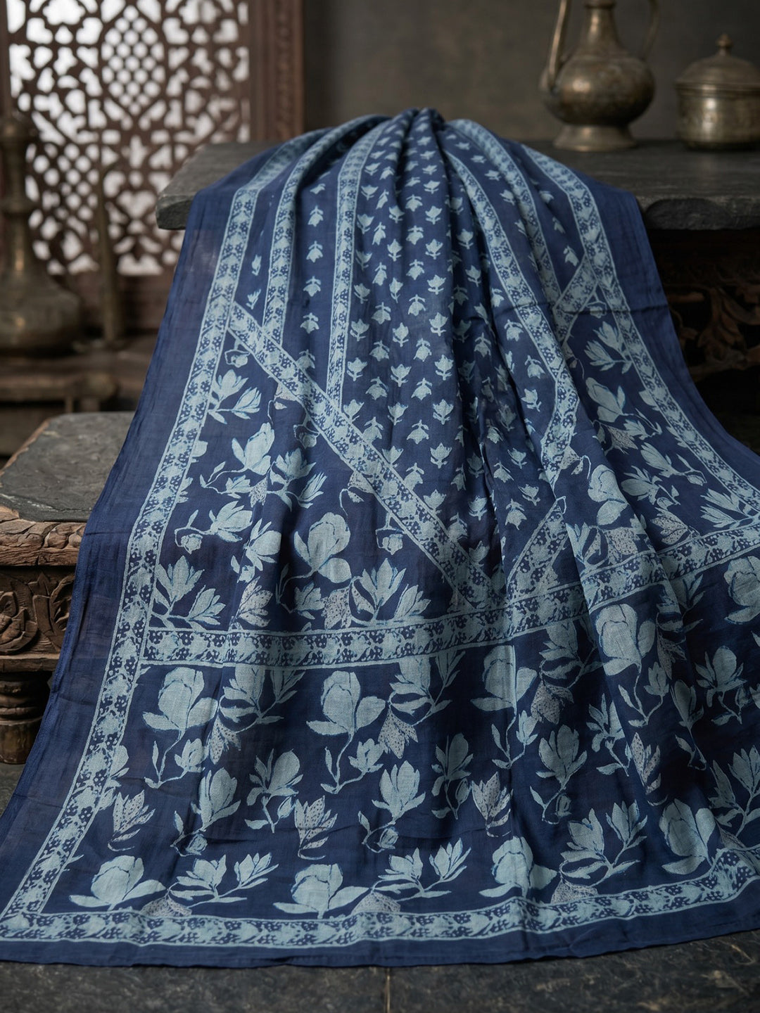 Blue Embroidered Cotton Blend Round Neck Straight Kurta With Pant