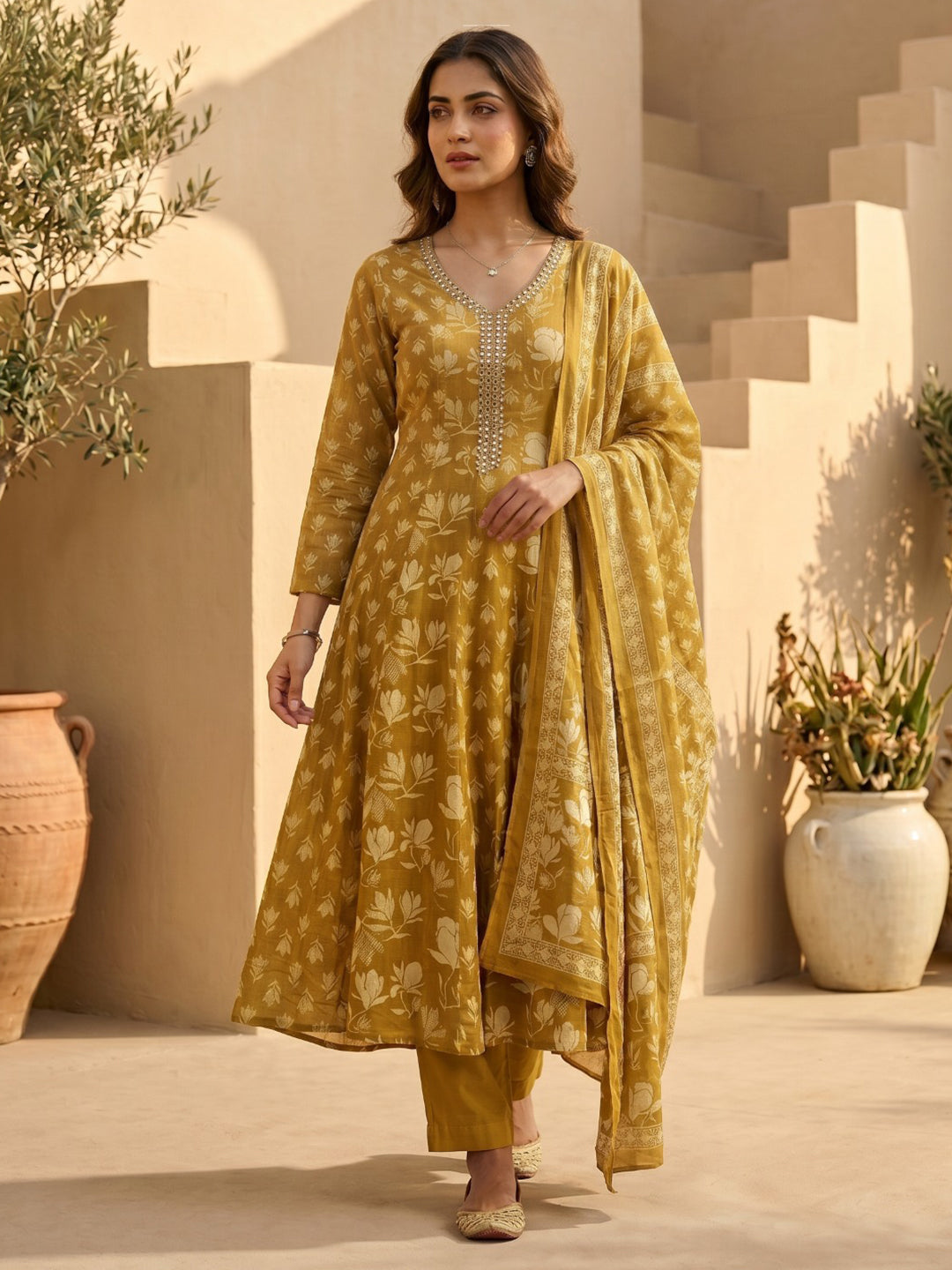 Mustard Embroidered Cotton Blend Round Neck Straight Kurta With Pant