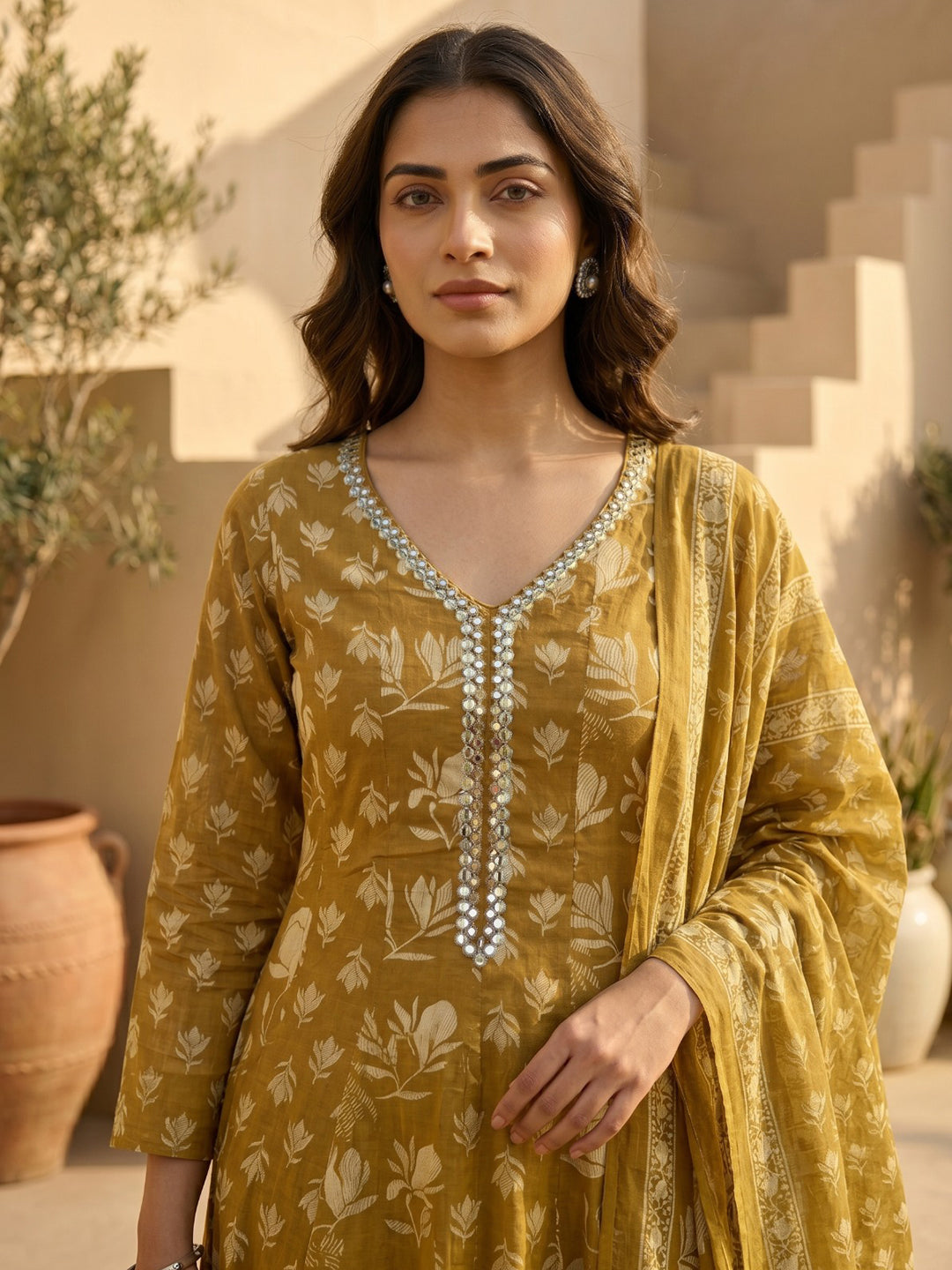 Mustard Embroidered Cotton Blend Round Neck Straight Kurta With Pant