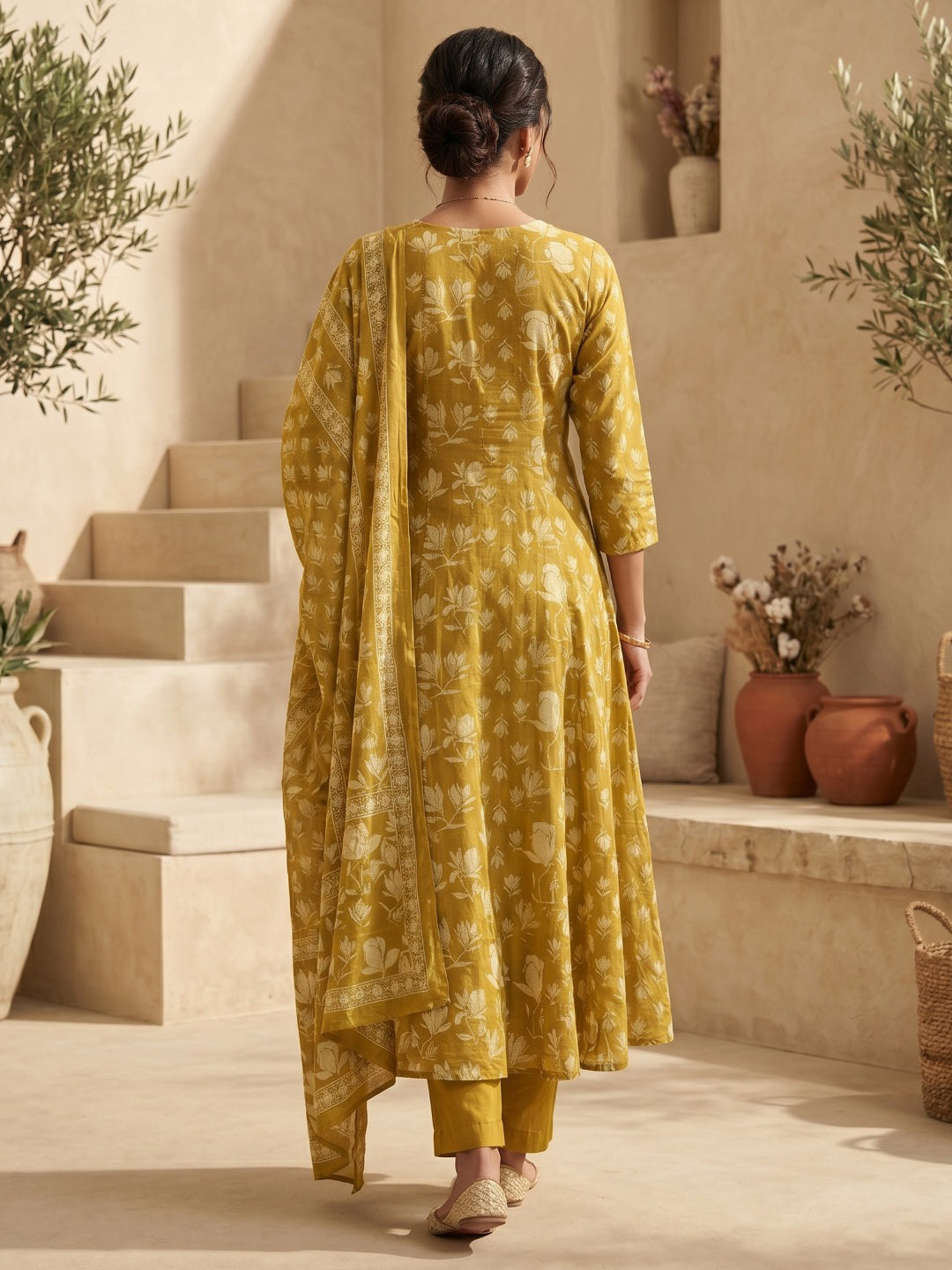 Mustard Embroidered Cotton Blend Round Neck Straight Kurta With Pant