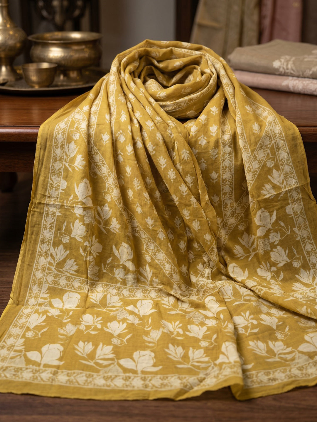 Mustard Embroidered Cotton Blend Round Neck Straight Kurta With Pant