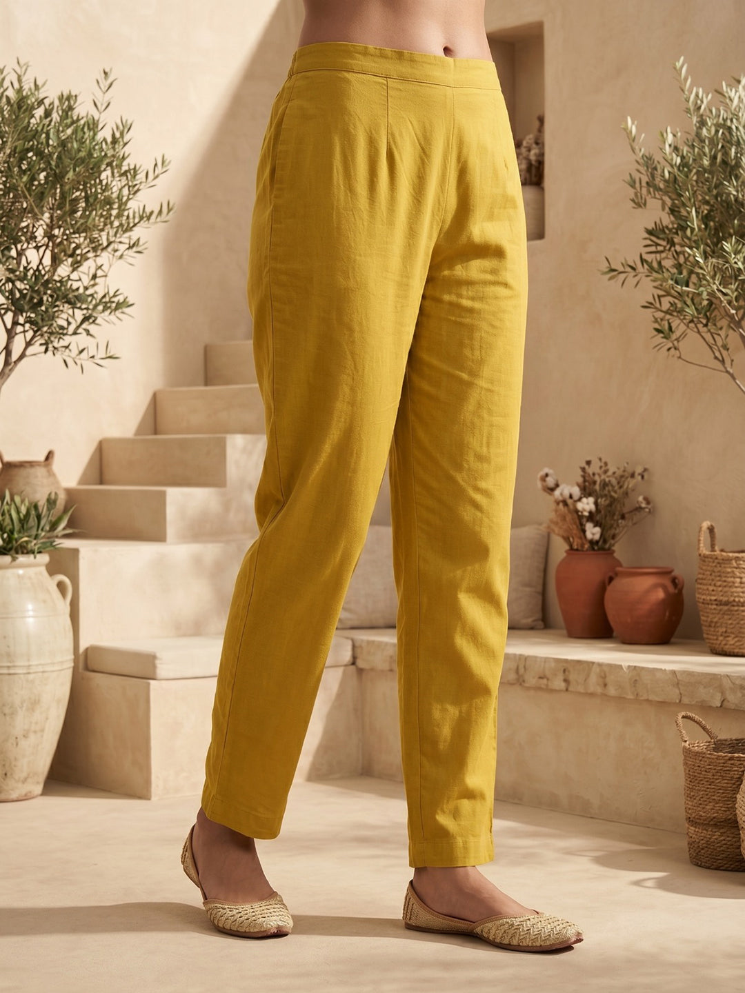 Mustard Embroidered Cotton Blend Round Neck Straight Kurta With Pant
