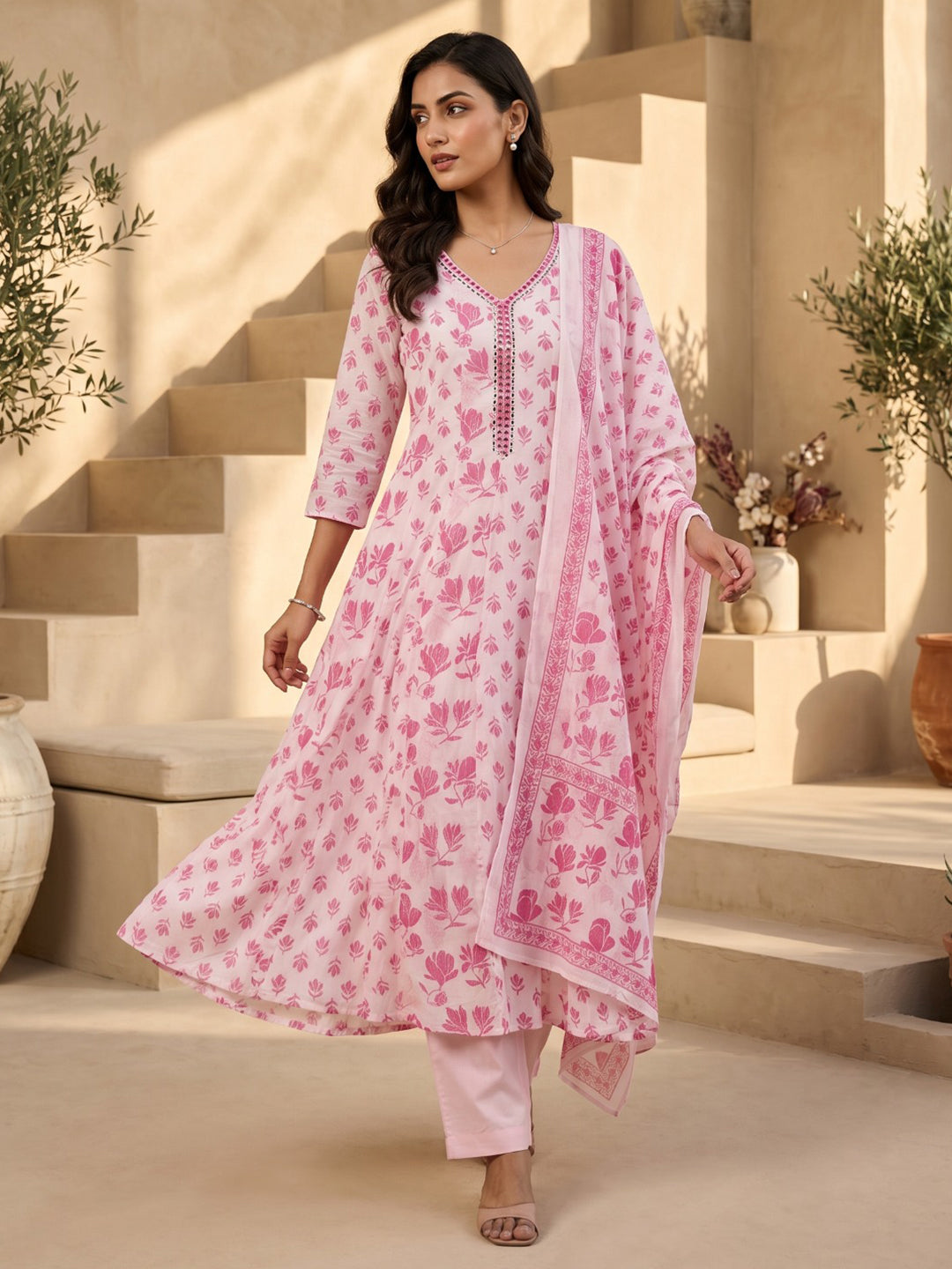 Pink Embroidered Cotton Blend Round Neck Straight Kurta With Pant