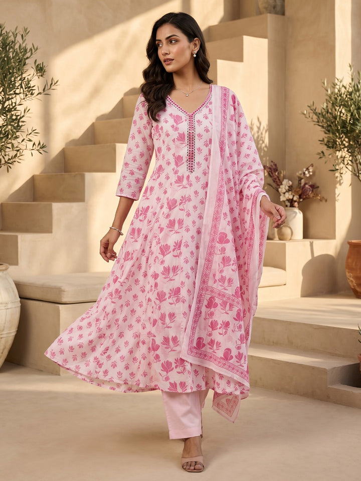 Pink Embroidered Cotton Blend Round Neck Straight Kurta With Pant