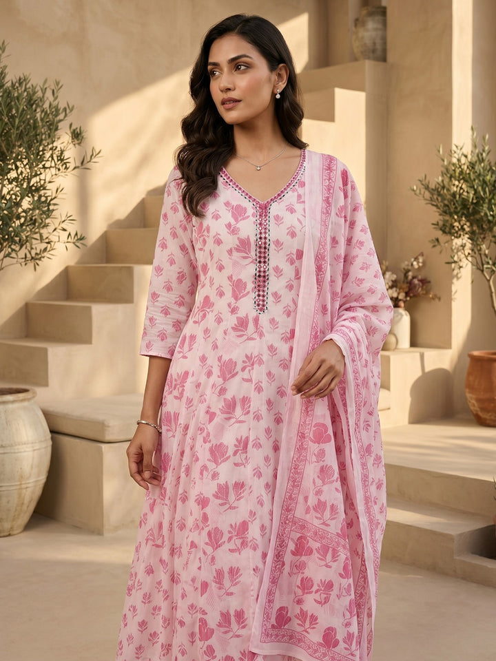 Pink Embroidered Cotton Blend Round Neck Straight Kurta With Pant