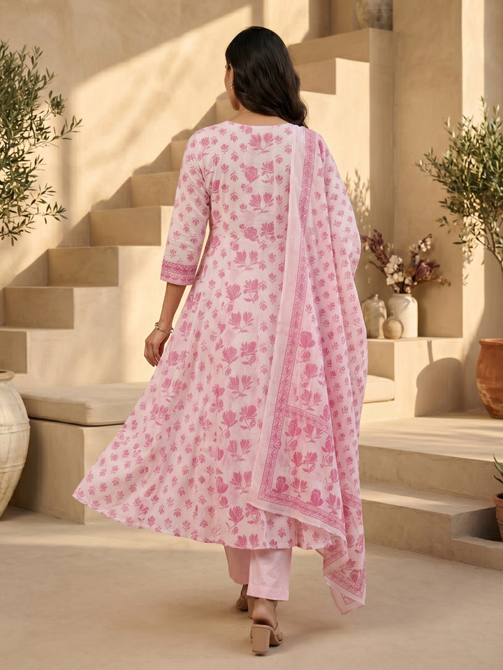 Pink Embroidered Cotton Blend Round Neck Straight Kurta With Pant