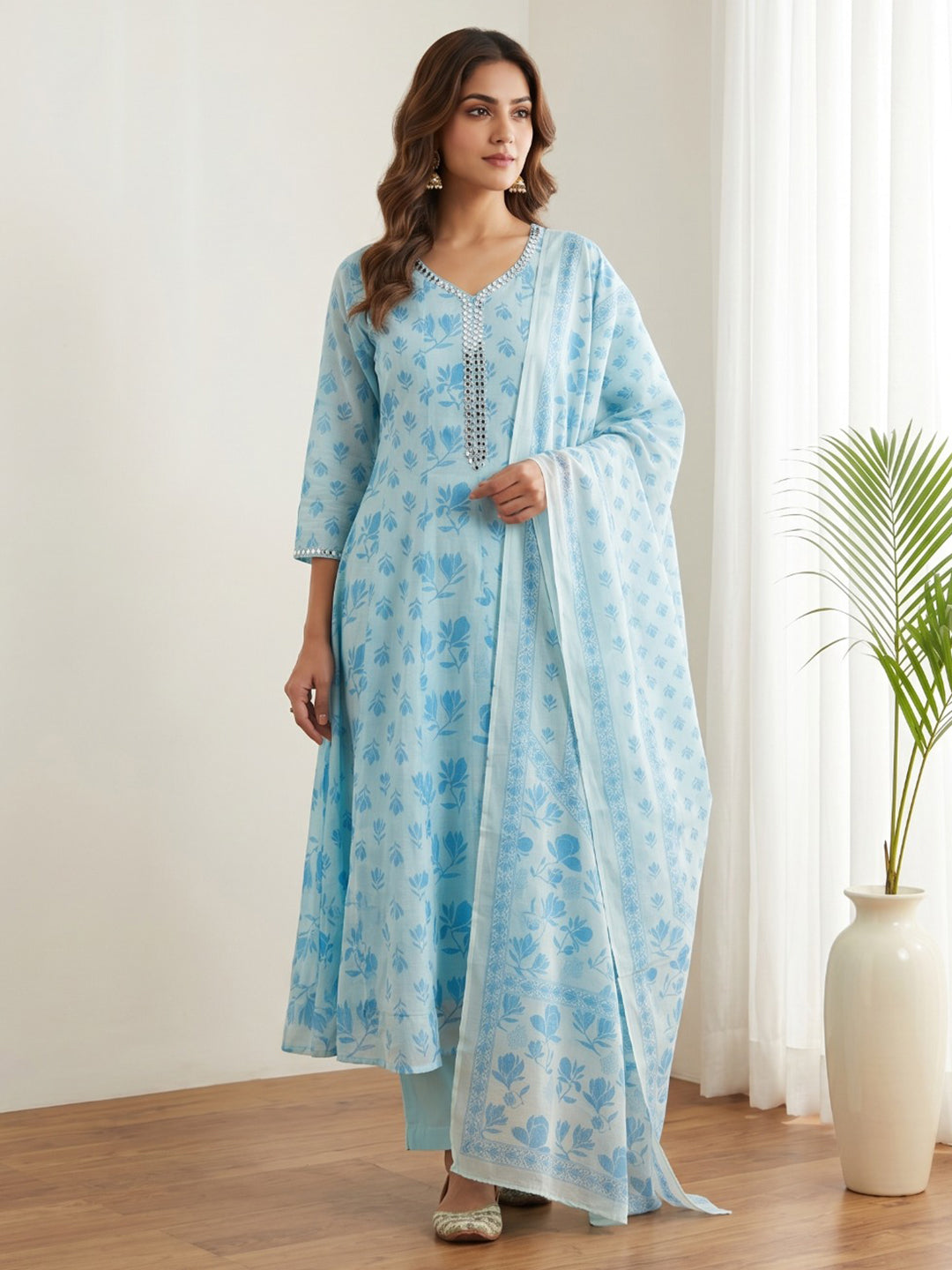 Sky Blue Printed Cotton Blend Kurta With Pant &amp; Dupatta