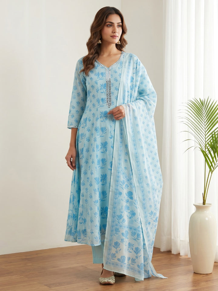 Sky Blue Printed Cotton Blend Kurta With Pant &amp; Dupatta