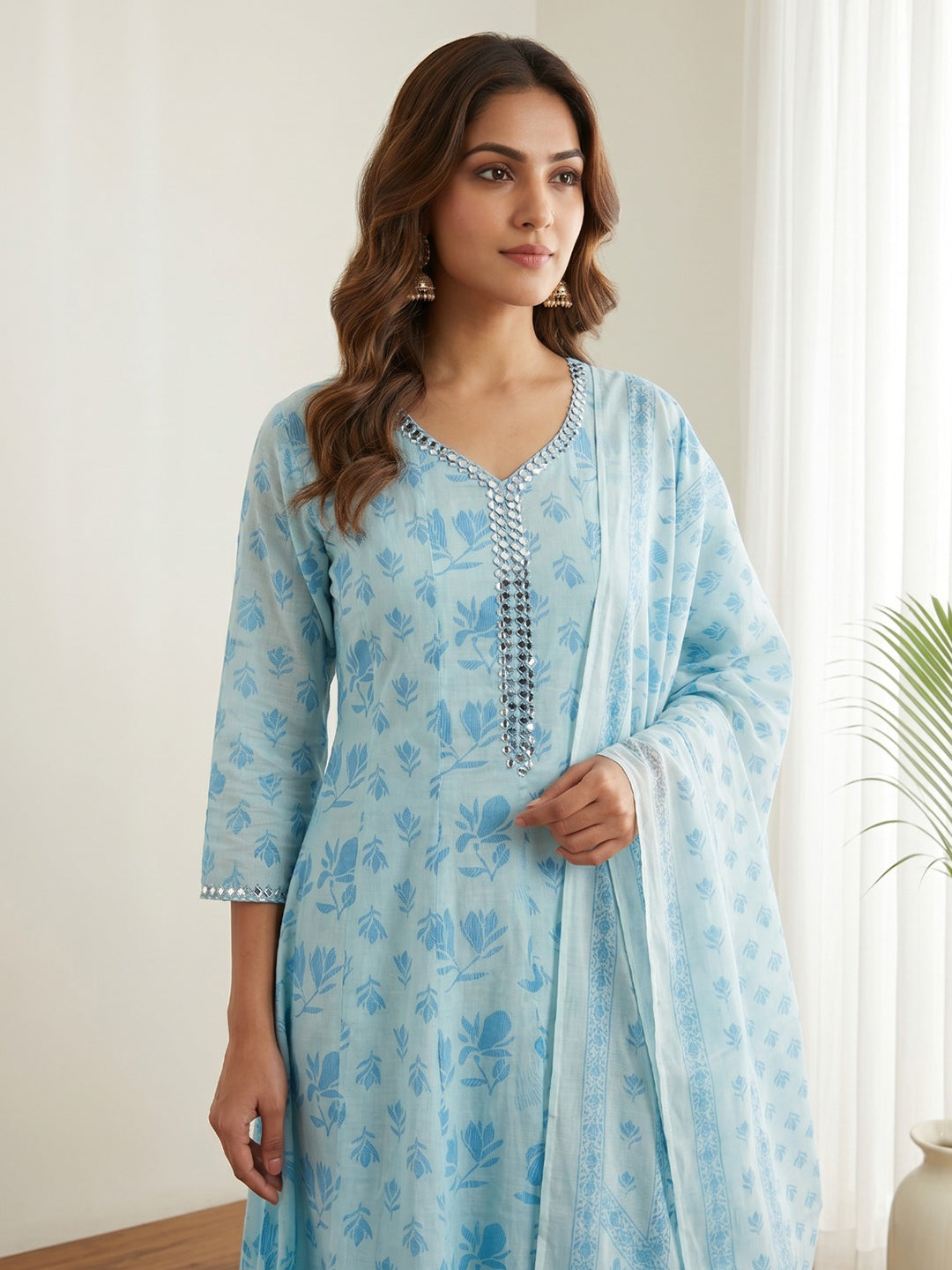 Sky Blue Printed Cotton Blend Kurta With Pant &amp; Dupatta