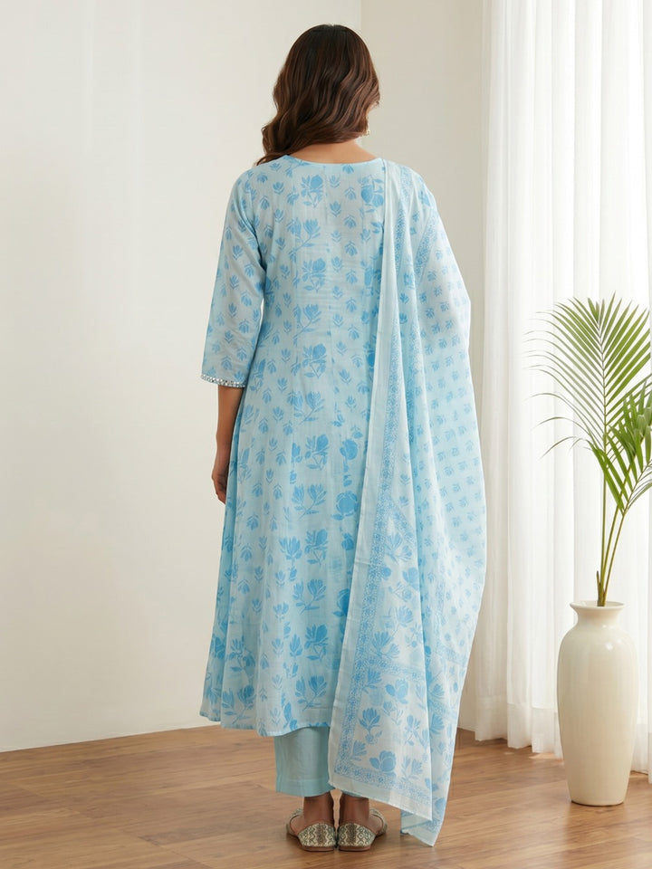 Sky Blue Printed Cotton Blend Kurta With Pant &amp; Dupatta