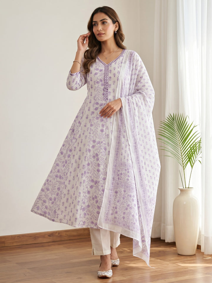 Purple Printed Cotton Blend Kurta With Pant &amp; Dupatta