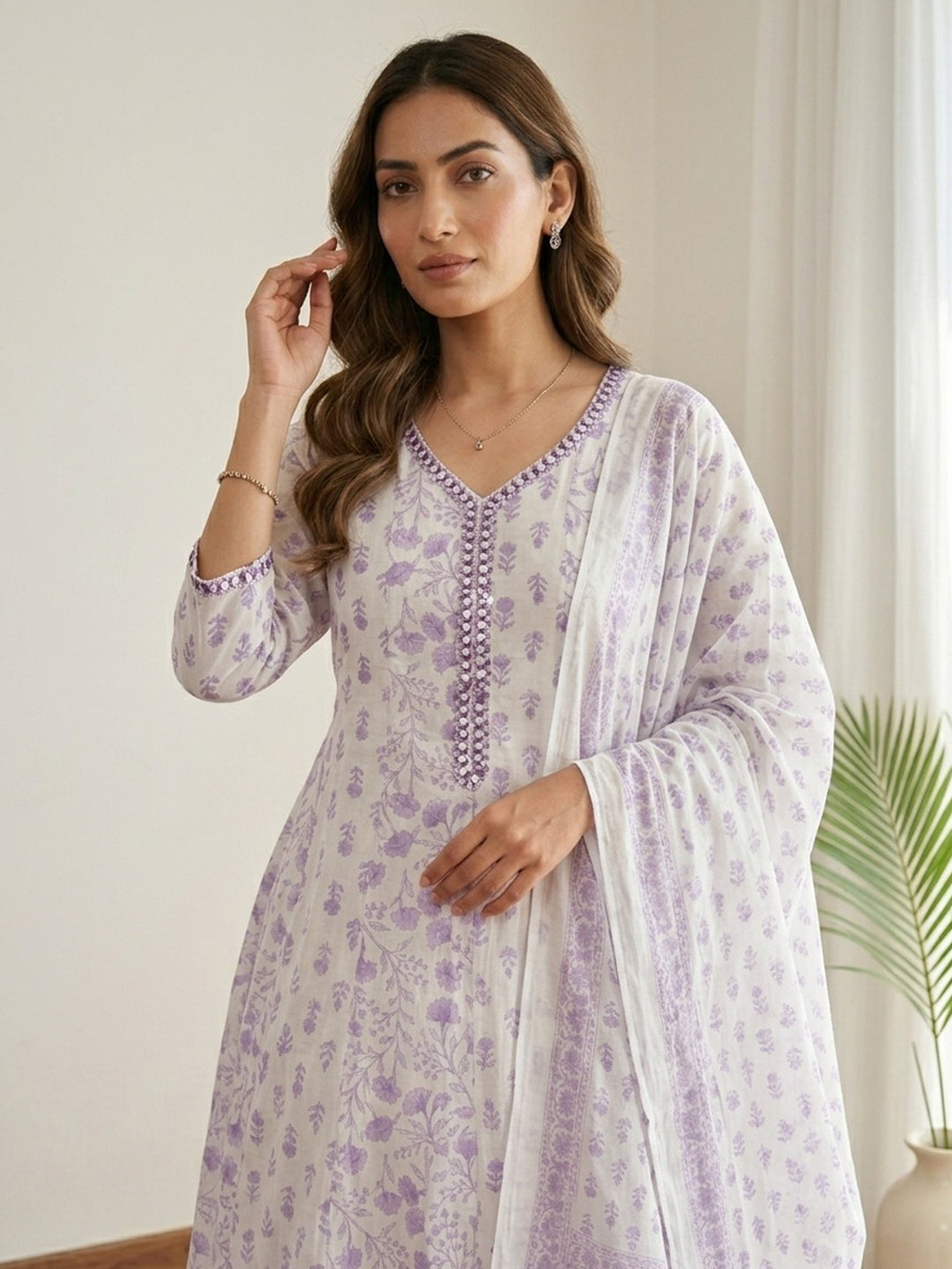 Purple Printed Cotton Blend Kurta With Pant &amp; Dupatta