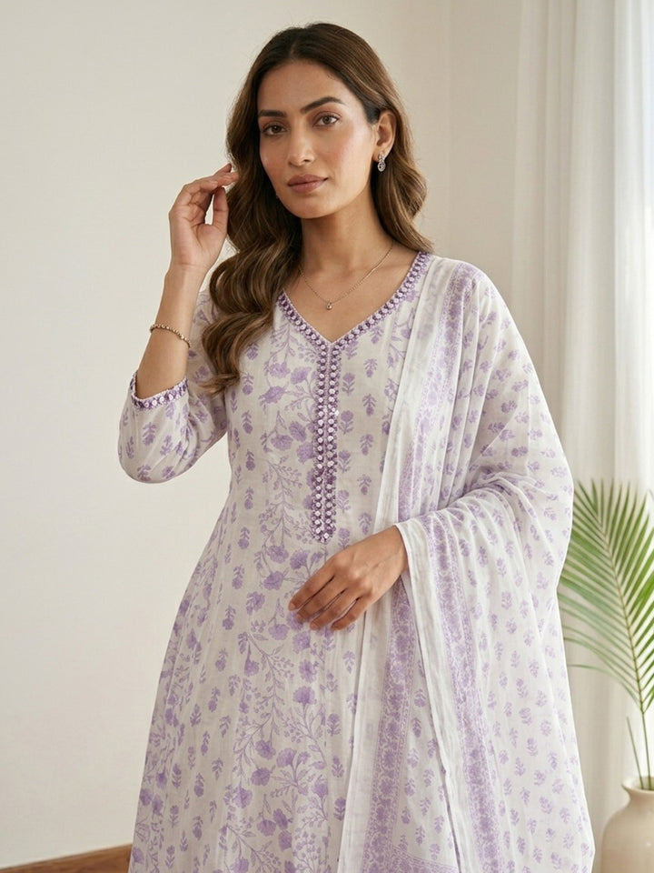 Purple Printed Cotton Blend Kurta With Pant &amp; Dupatta