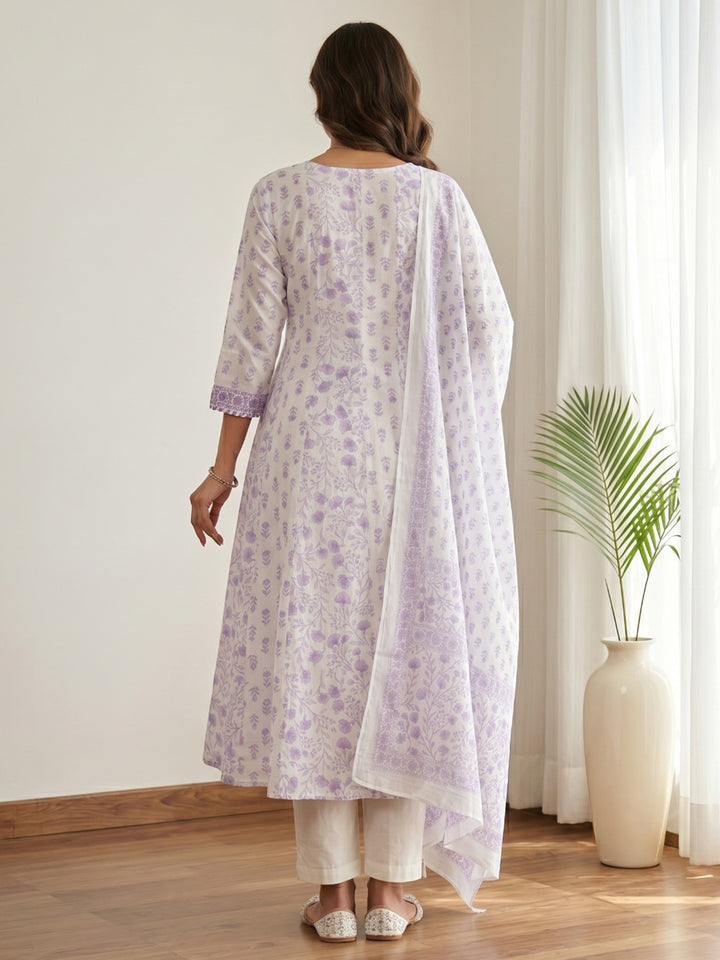 Purple Printed Cotton Blend Kurta With Pant &amp; Dupatta