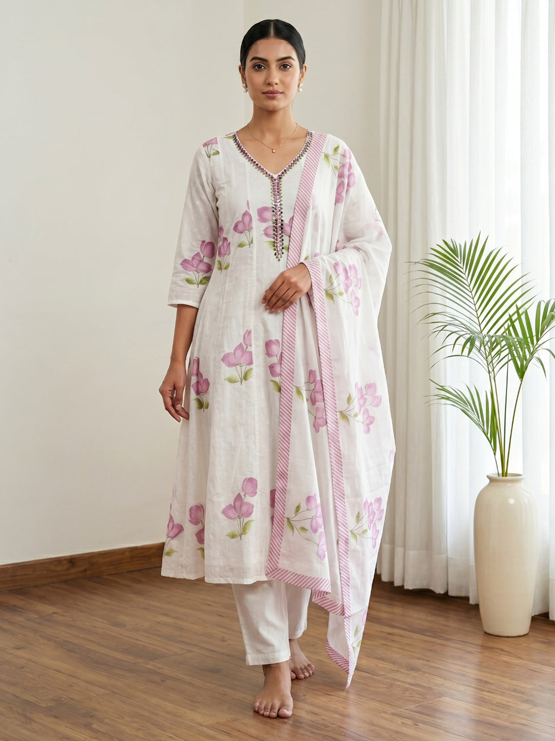 Purple Printed Cotton Blend Kurta With Pant &amp; Dupatta