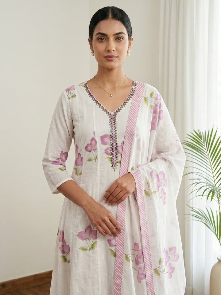 Purple Printed Cotton Blend Kurta With Pant &amp; Dupatta