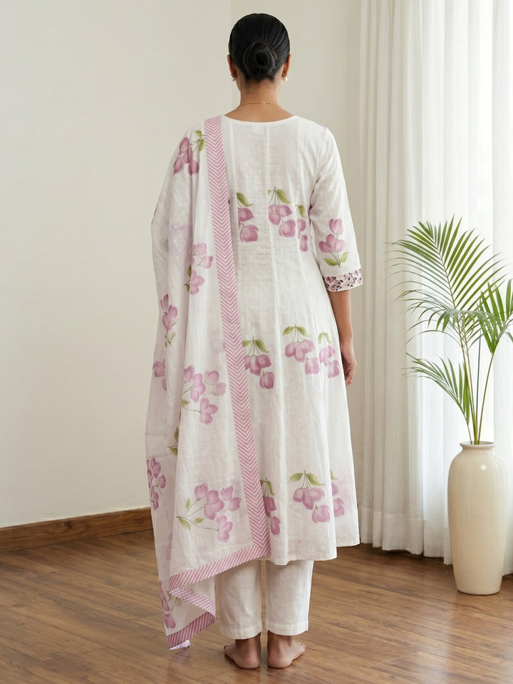 Purple Printed Cotton Blend Kurta With Pant &amp; Dupatta