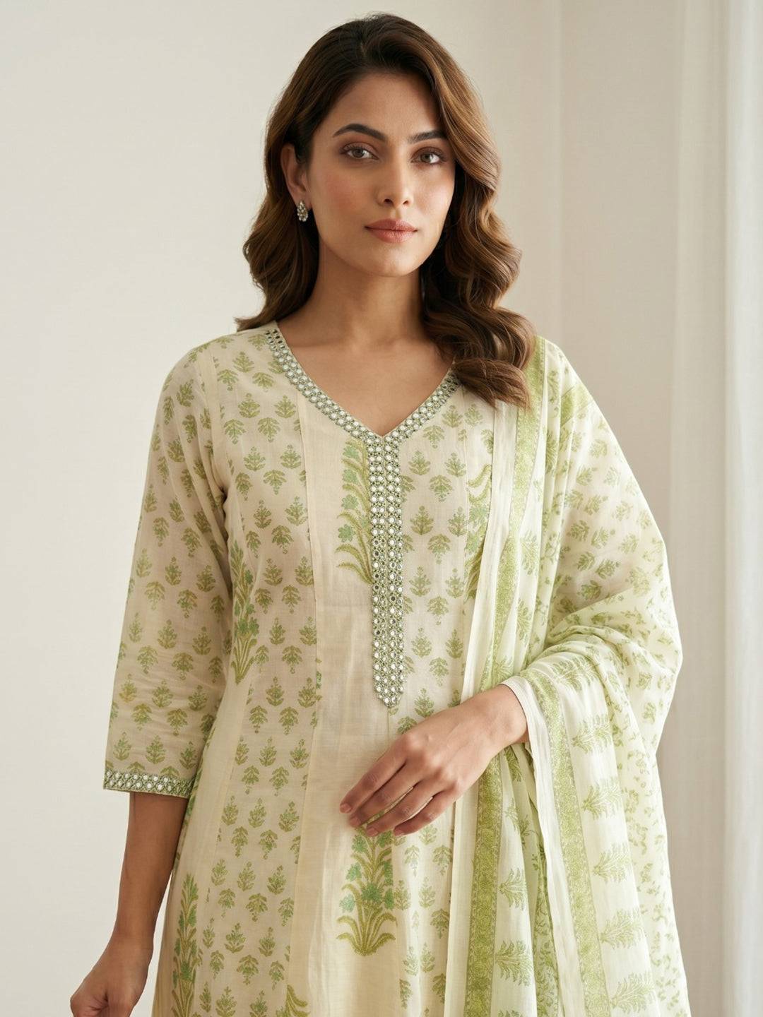 Green Printed Cotton Blend Kurta With Pant &amp; Dupatta