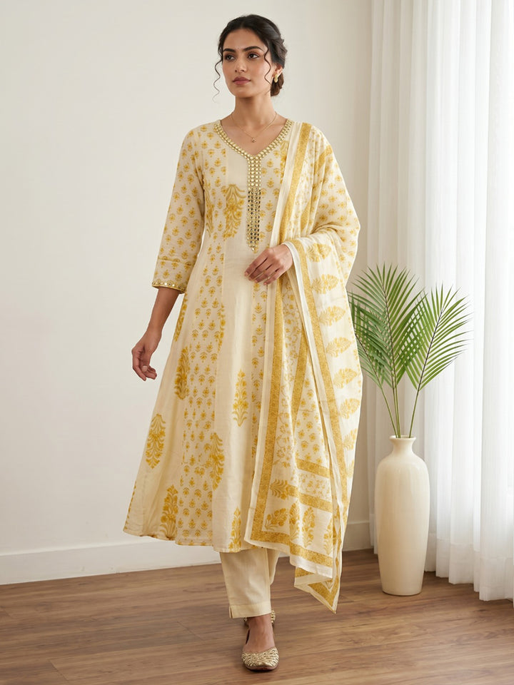 Yellow Printed Cotton Blend Kurta With Pant &amp; Dupatta