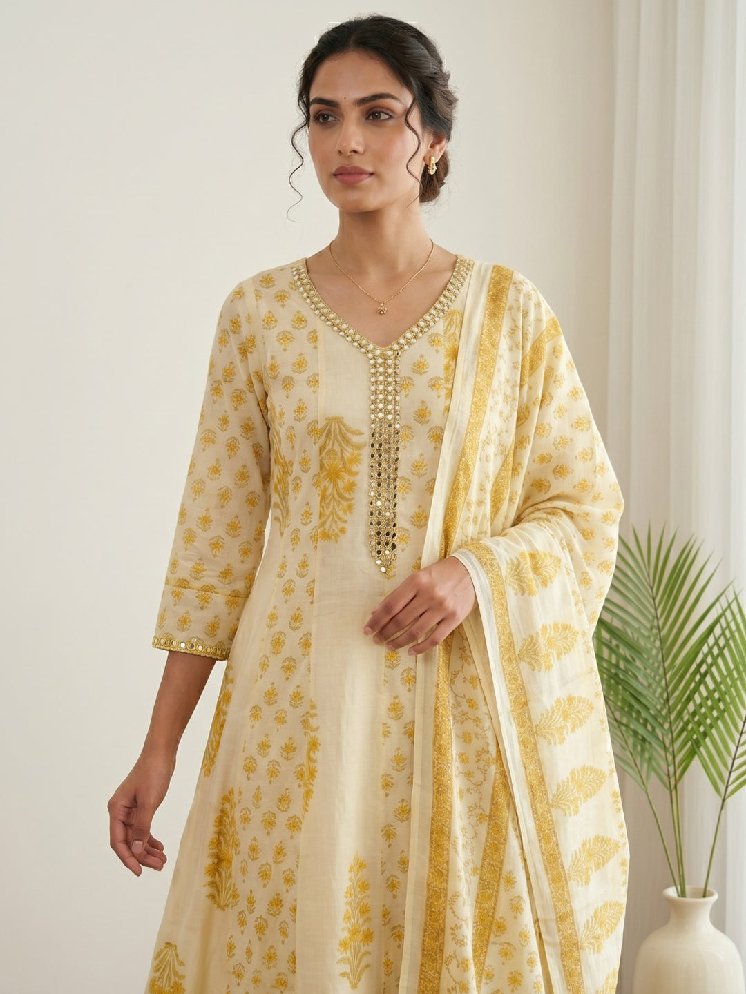 Yellow Printed Cotton Blend Kurta With Pant &amp; Dupatta