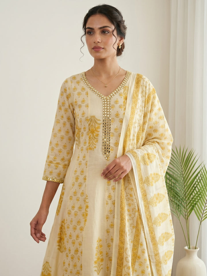 Yellow Printed Cotton Blend Kurta With Pant &amp; Dupatta