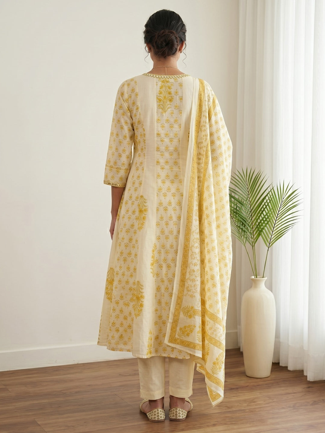 Yellow Printed Cotton Blend Kurta With Pant &amp; Dupatta