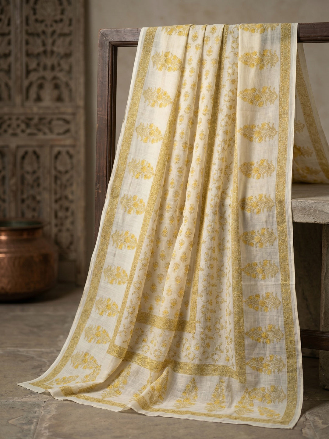 Yellow Printed Cotton Blend Kurta With Pant &amp; Dupatta
