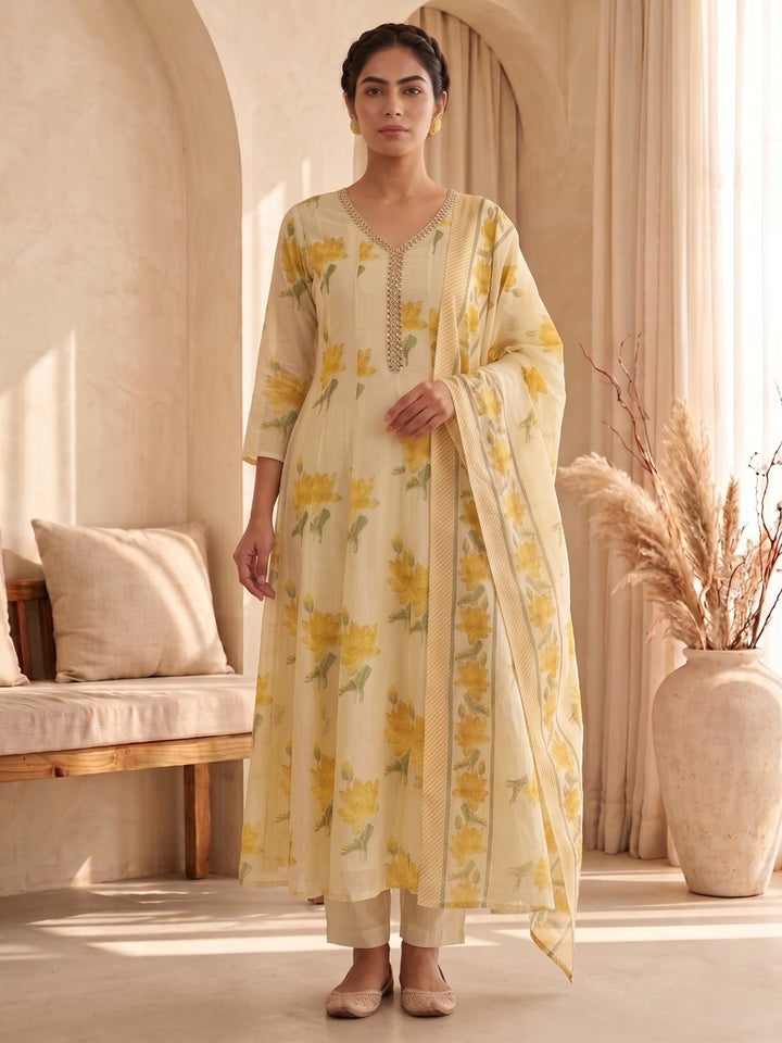 Yellow Embroidery Cotton Blend Kurta With Pant &amp; Dupatta