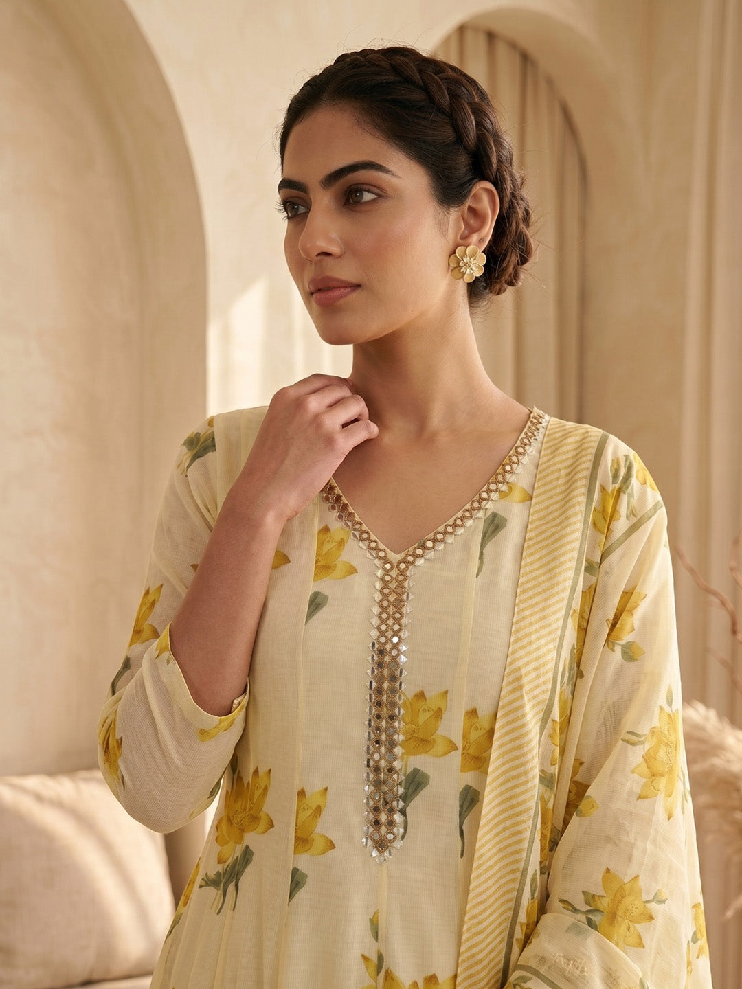 Yellow Embroidery Cotton Blend Kurta With Pant &amp; Dupatta