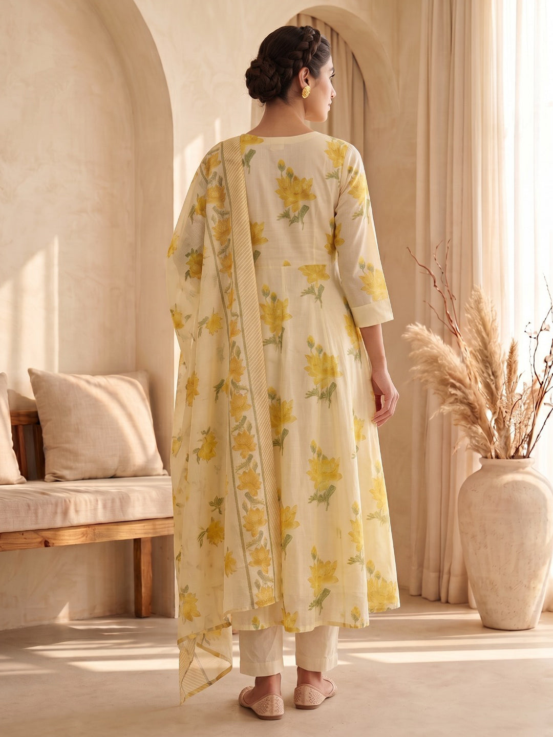 Yellow Embroidery Cotton Blend Kurta With Pant &amp; Dupatta