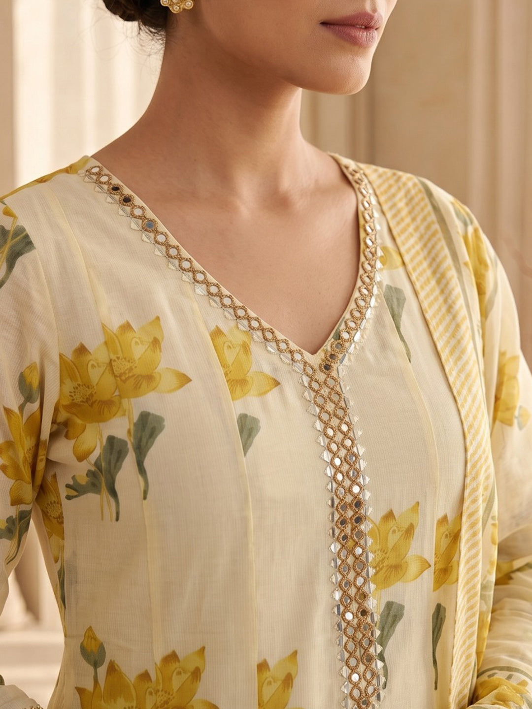 Yellow Embroidery Cotton Blend Kurta With Pant &amp; Dupatta