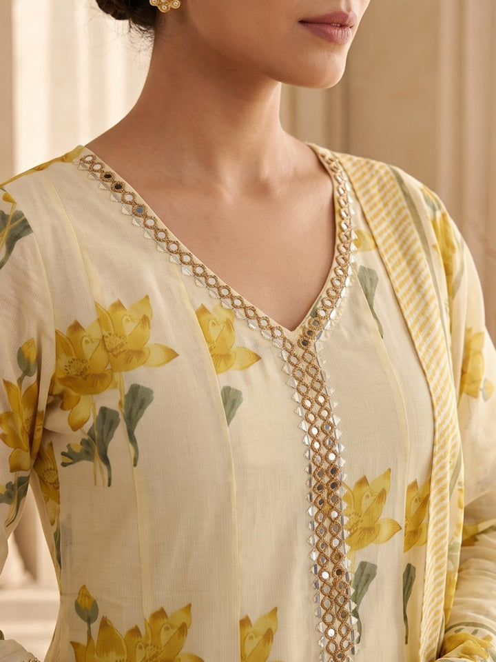 Yellow Embroidery Cotton Blend Kurta With Pant &amp; Dupatta
