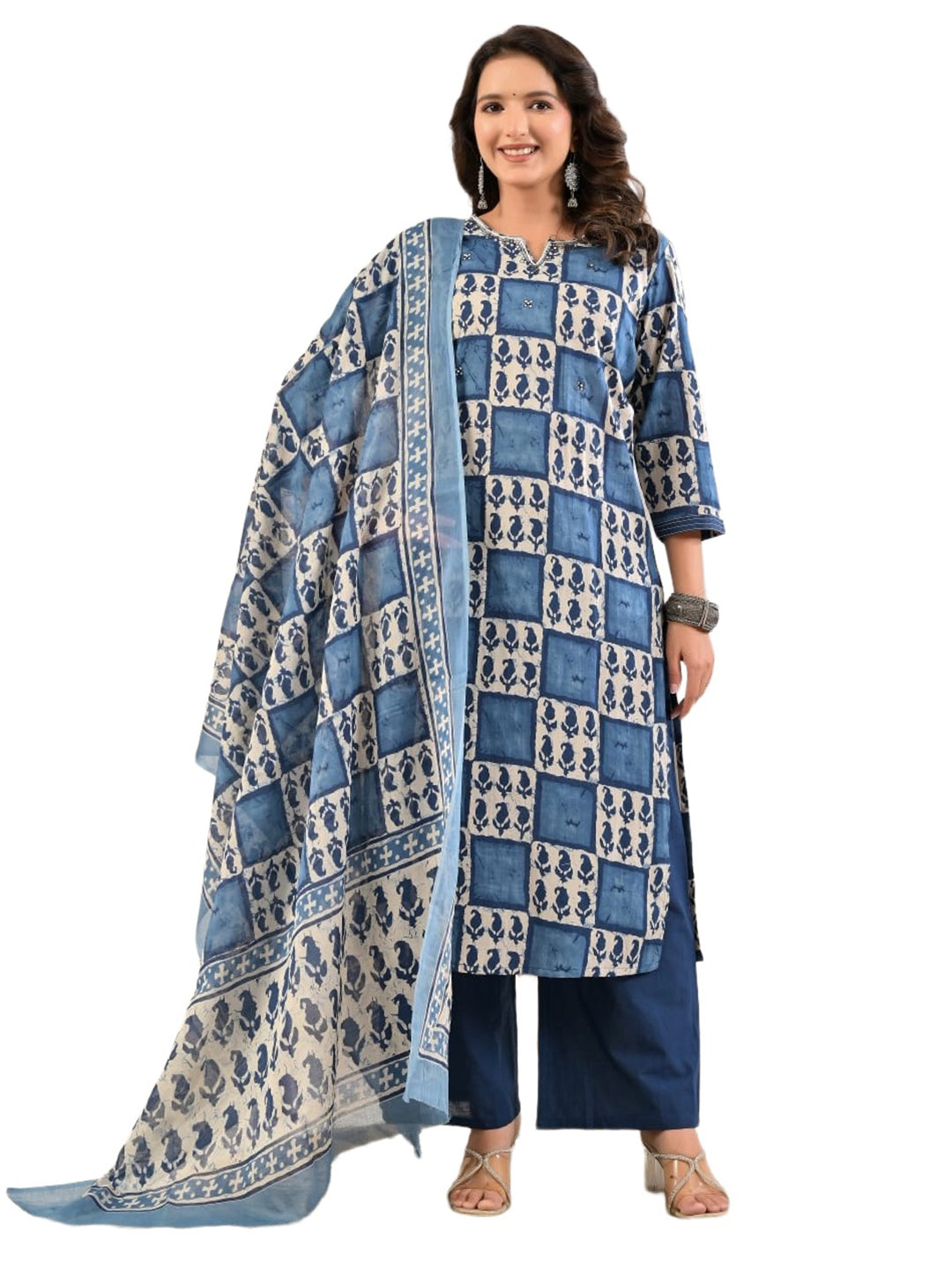 Blue Printed Cotton Blend Kurta With Pant &amp; Dupatta