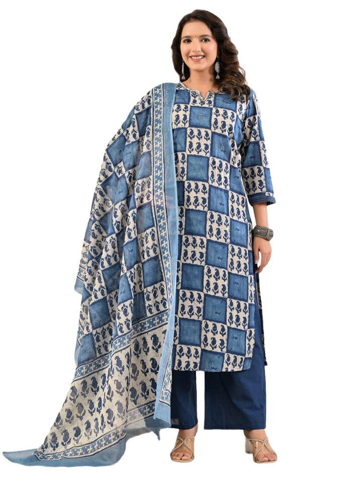 Blue Printed Cotton Blend Kurta With Pant &amp; Dupatta