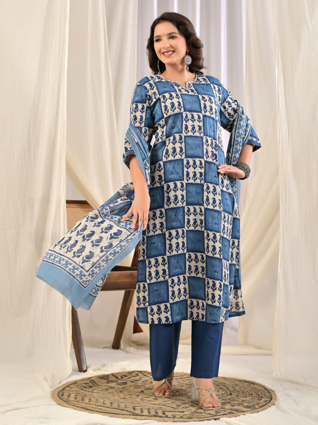 Blue Printed Cotton Blend Kurta With Pant &amp; Dupatta