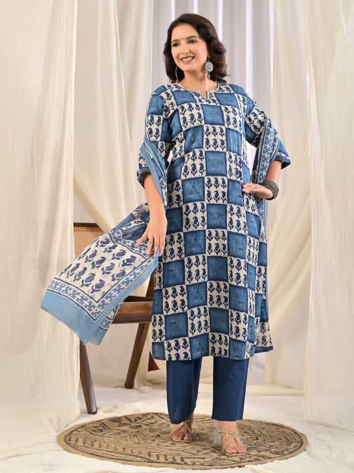 Blue Printed Cotton Blend Kurta With Pant &amp; Dupatta