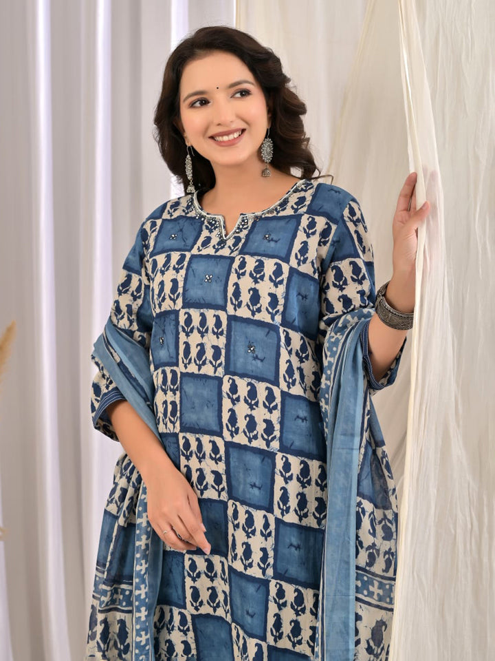 Blue Printed Cotton Blend Kurta With Pant &amp; Dupatta