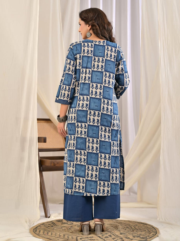 Blue Printed Cotton Blend Kurta With Pant &amp; Dupatta