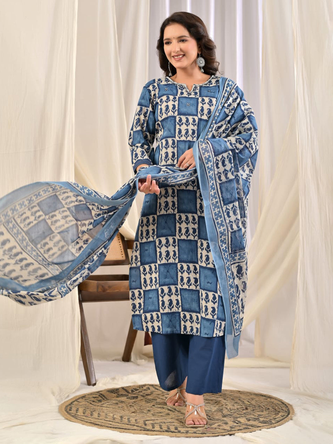 Blue Printed Cotton Blend Kurta With Pant &amp; Dupatta