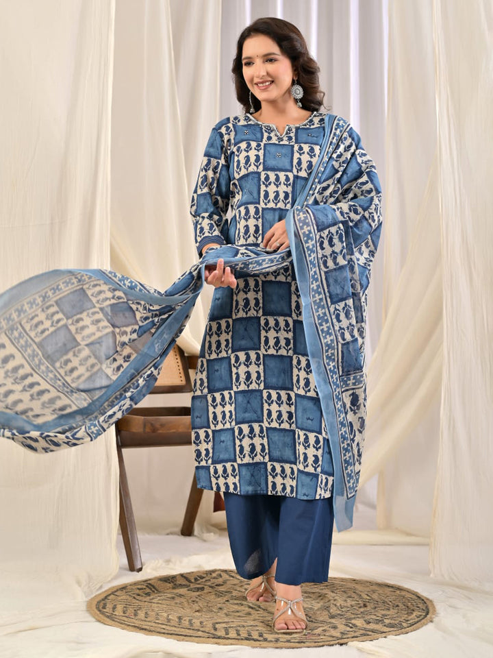 Blue Printed Cotton Blend Kurta With Pant &amp; Dupatta