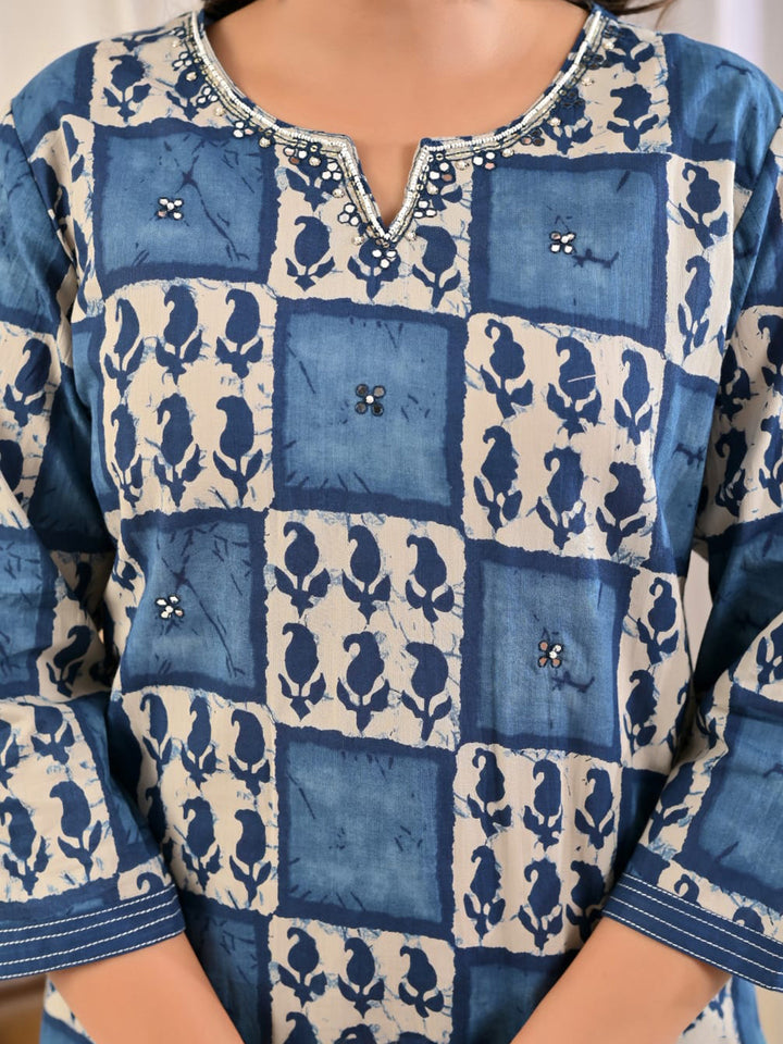 Blue Printed Cotton Blend Kurta With Pant &amp; Dupatta