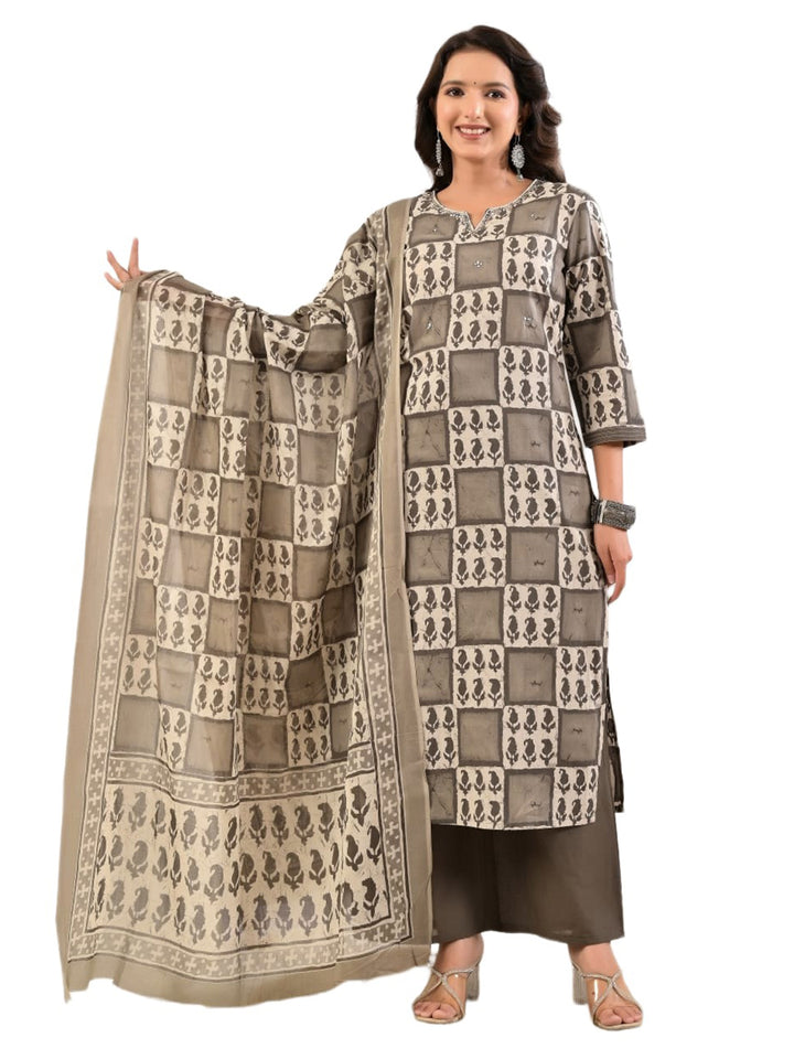 Grey Printed Cotton Blend Kurta With Pant &amp; Dupatta