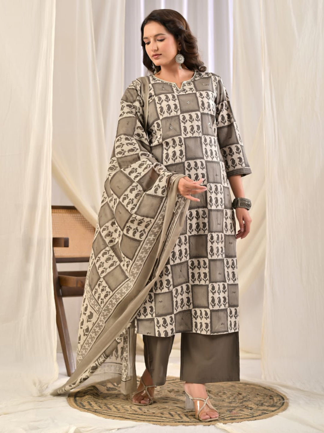 Grey Printed Cotton Blend Kurta With Pant &amp; Dupatta