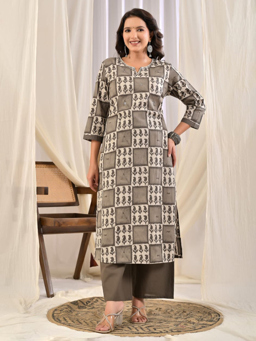 Grey Printed Cotton Blend Kurta With Pant &amp; Dupatta
