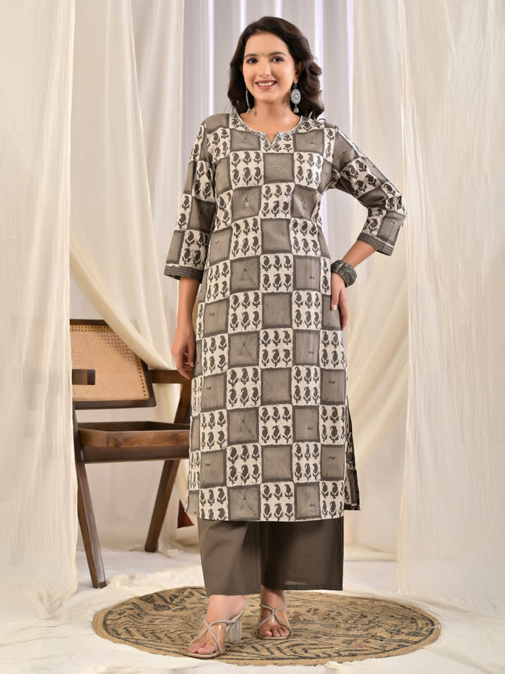 Grey Printed Cotton Blend Kurta With Pant &amp; Dupatta