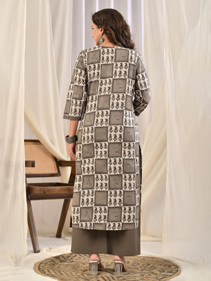 Grey Printed Cotton Blend Kurta With Pant &amp; Dupatta