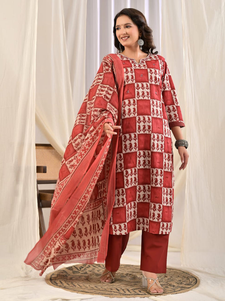 Red Printed Cotton Blend Kurta With Pant &amp; Dupatta